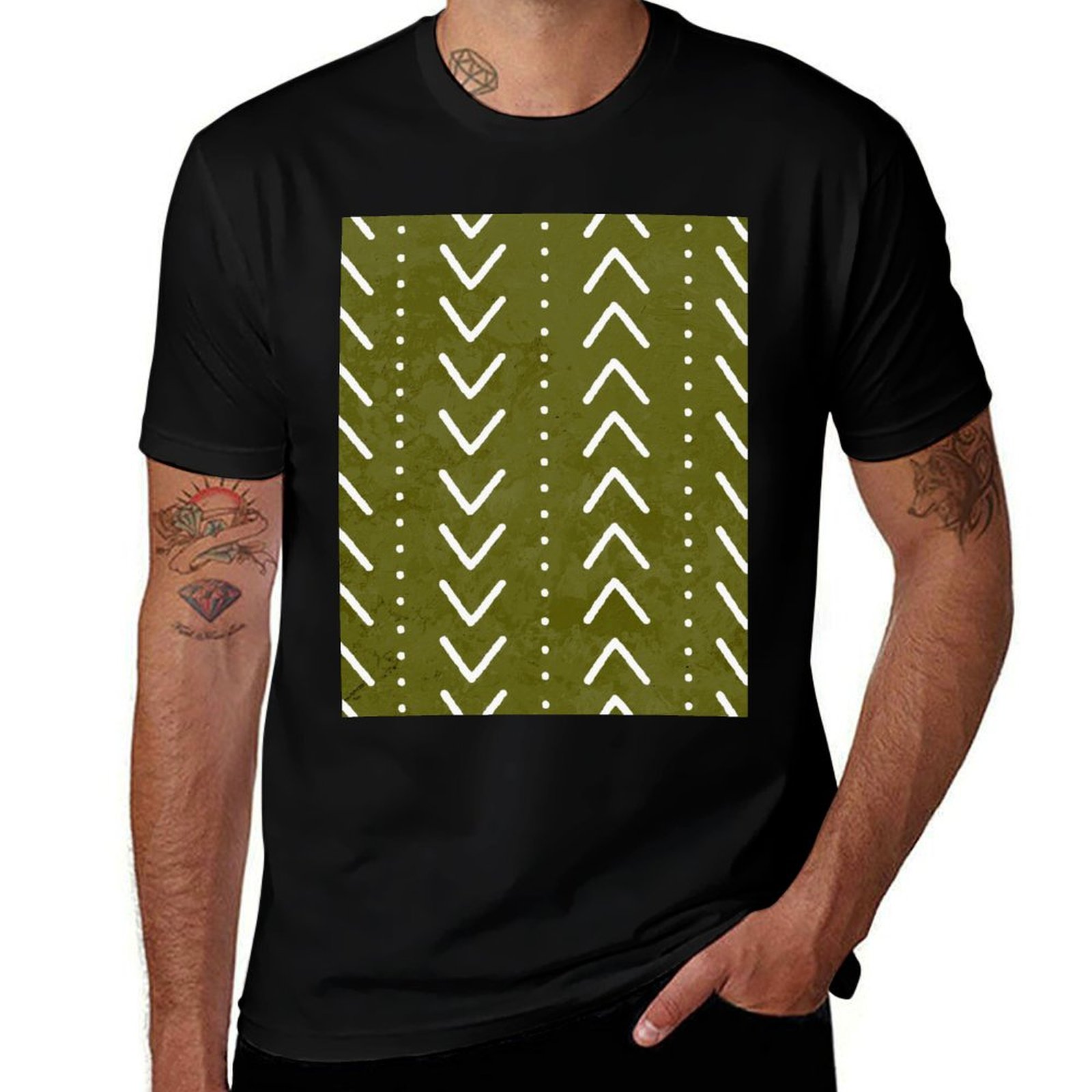Mudcloth Print Top - Olive Green Mudcloth Arrows Pattern T-Shirt